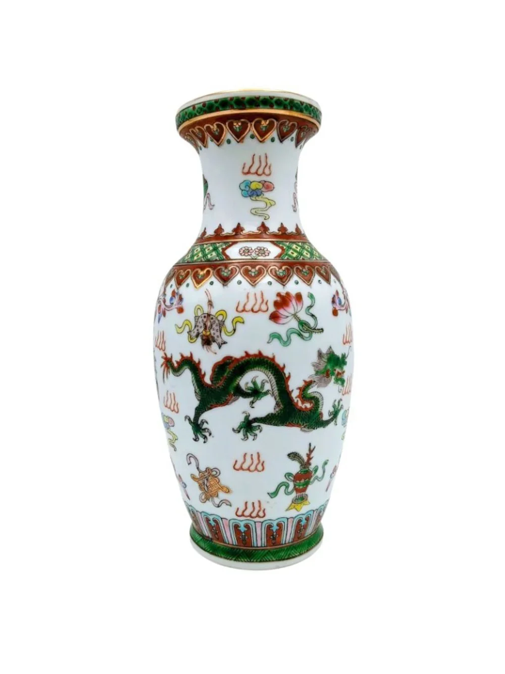 Chinese Green Dragon Vase Hand Painted Porcelain Gilt 8.5 in Qianlong mark